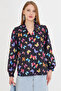 Women's Black V-Neck Balloon Sleeve Patterned Shirt Arm-25Y 001016 - 4