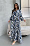 Women's Blue Leaf Patterned Balloon Sleeve Casual Long Dress - 2