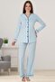 Women's Blue Front Buttoned Long Sleeve Maternity Pregnant Dress 3-Piece Pajama Set - 2