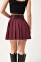 Burgundy Pleated Mini Skirt with Double Belt Detail - 3