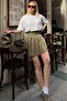 Khaki Full Pleated Belted Lined Shorts Women's Mini Skirt