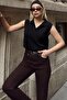 Black Zero Sleeve Polo Neck Knitted Women's Knitwear Blouse