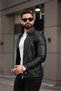 Men's Premium Sleeves and Pockets Zipper Detailed Seasonal Leather Jacket with Snap Fastener Collar