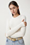 Women's Black Crew Neck Finger Snap Long Sleeve Stretchy Body Blouse White