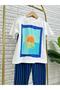 Unisex Kids Sunset Printed Cream T-Shirt and Blue Striped Pants Set - 2