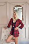 Red Plaid Patterned Bamboo Crop Women's Pajama Set with Dressing Gown and Shorts - 3