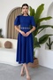 Atlas Fabric Round Neck Princess Sleeve Design Midi Length Flared Cut Cobalt Blue Evening Dress 220 - 5