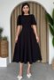 Black Atlas Fabric Round Neck Princess Sleeve Design Midi Length Flared Cut Black Evening Dress 220 - 4
