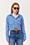 Pocket Detailed Striped Crop Shirt Navy Blue