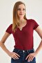 Collar V Detail Short Sleeve Camisole Blouse Claret Red - 2