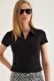 Polo Neck Women's Short Sleeve Blouse Black - 4