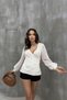 Women's Button Detailed V-Neck Blouse - 5