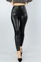 Women's Black Plush Inside High Waist Shiny Look Wide Belted Leather Leggings 9981 - 4