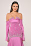 Strapless Stone Accessory Sleeves Satin Long Evening Dress - 2