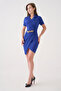 Blue Crepe Fabric Jacket Collar Asymmetrical Cut Chain Detailed Short Sleeve Mini Evening Dress 582212 - 5