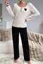 Embroidered Black Cotton Pajama Set with Heart Detail - 4