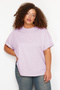 Lila Yaka Ribanalı Geniş Kalıp Basic %100 Pamuk Örme T-shirt TBBSS23BF00017 - 4