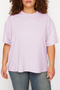 Lila Yaka Ribanalı Geniş Kalıp Basic %100 Pamuk Örme T-shirt TBBSS23BF00017 - 2