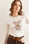 Women's Ecru Lame Stripe Teddy Bear Applique Stretchy Crop Blouse Blz- 19002840 - 4