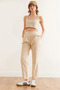 Women's Stone Waistband Guipure Detailed Pocketed Lace-Up Linen Trousers Pnt-19000316