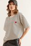 Women's Black Heart Embroidery Striped Comfortable Fit T-Shirt Tsh- 19000837 - 2