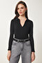 Women's Black Polo Collar Ribbed Knit Blouse GT00111 - 4