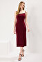 Burgundy Fitted Degaje Neck Midi Stretchy Knitted Pencil Dress Twoss19Ad0020