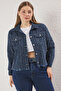 Blue Textured Crop Plus Size Denim Jacket Tbbss25Ag00008 - 2