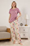 Gül Kurusu %100 Pamuklu Çiçekli Sloganlı Örme Pijama Takımı THMSS25PT00378