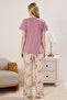Gül Kurusu %100 Pamuklu Çiçekli Sloganlı Örme Pijama Takımı THMSS25PT00378 - 4