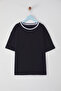 Navy Blue Girl's 100% Cotton Basic Regular Fit Piping Detailed Knitted T-Shirt Tkdss25Ts00064 - 2