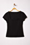 Siyah Kare Yaka Fitted/Vücuda Oturan Örme Bluz TWOSS25BZ00378 - 5