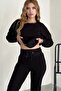 Relaxed Fit Crystal Rhinestone 3 Thread Cotton Stylish High Waisted Black Women's Tracksuit Set
