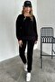 Relaxed Fit Crystal Rhinestone 3 Thread Cotton Stylish High Waisted Black Women's Tracksuit Set - 5