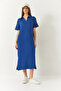 Women's Blue V-Neck Short Sleeve Slit Basic Dress 5621 60261424 - 3