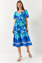 Women's Blue Watermelon Sleeve Square Neck Patterned Terikoton Dress 60261412
