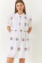 Women's Ecru Fuchsia Floral Embroidered Watermelon Sleeve Buttoned Lined Scallop Dress 60261410 - 4
