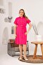 Belt and Pocket Detailed Buttoned Short Sleeve Plus Size Dress Fuchsia - 3