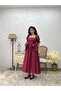 Burgundy Side Bow Square Neck Flared Poplin Dress - 3