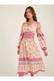 All-Over Print V Neck Balloon Sleeve Midi Dress - 3