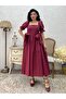 Burgundy Side Bow Square Neck Flared Poplin Dress