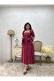 Burgundy Side Bow Square Neck Flared Poplin Dress - 4