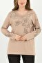 Women's Middle-Aged and Above Viscose Gonca Leaf Patterned Stone Embroidered Lycra Beige Mother's Combed Cotton Blouse - 4