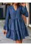 Women's Midi Length Ruched Dress – Sofia Linen Dress with V-Slit Stand Collar and Ruffled Sleeve Detail - 4