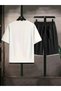 Men's New Season 100% Cotton White Detailed T-Shirt Shorts Set - 2