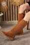 Daily Women's Below Knee Tan Suede Boots Low Heeled Serrated Sole Oval Toe Fur Lining 1050 - 4