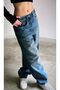 Tibet Baggy Buckle Detailed Loose Fit Wide Leg Comfortable Baggy Jean Trousers Palazzo Light Blue - 3