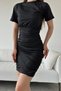 Women's Crew Neck Draped Detail Drawstring Back Short Sleeve Mini Dress Black - 3