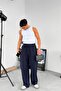 Navy Blue Baggy Fabric Trousers with Elastic Waist - 7