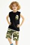 Crew Neck Zero Sleeve Camouflage Printed Black Color Boy Capri Suit with Pockets - 3